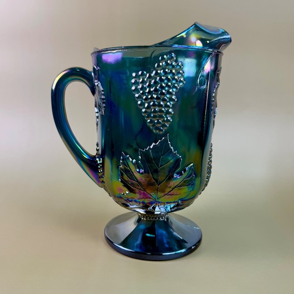Vintage Indiana Glass Blue Carnival Grape Vine Pitcher | Iridescent Pedestal - Picture 4 of 16